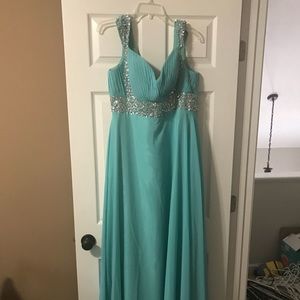 Floor length turquoise gown with beading size 16
